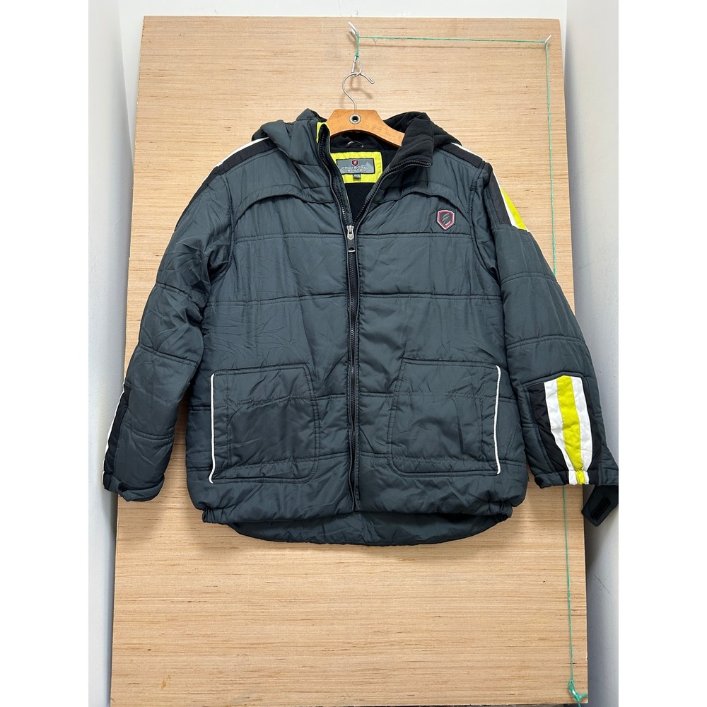 Protection System Boys Gray Neon Yellow Hooded Puffer Jacket Size 14/16 L Zip Up
